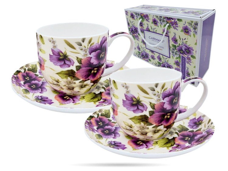 Filiżanki ze spodkami 320 ml 2 szt bratki porcelana na prezent CARMANI