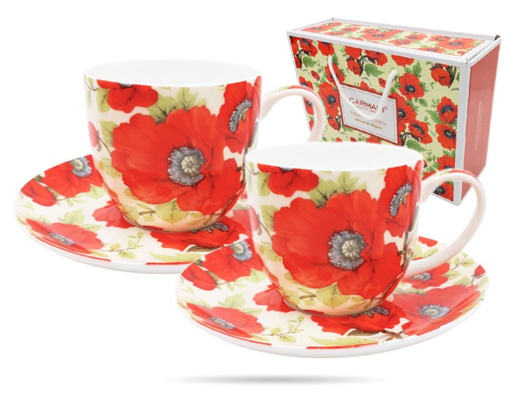 Filiżanki ze spodkami 200 ml 2 szt maki porcelana na prezent CARMANI