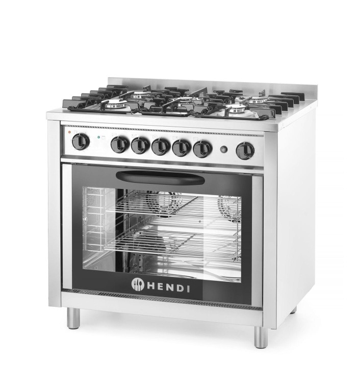 Kuchnia gazowa 5-palnikowa z konwekcyjnym piekarnikiem elektrycznym, HENDI, Kitchen Line, stalowy, srebrny, 230V/2900W, 14,3kW, 900x653x(H)900mm
