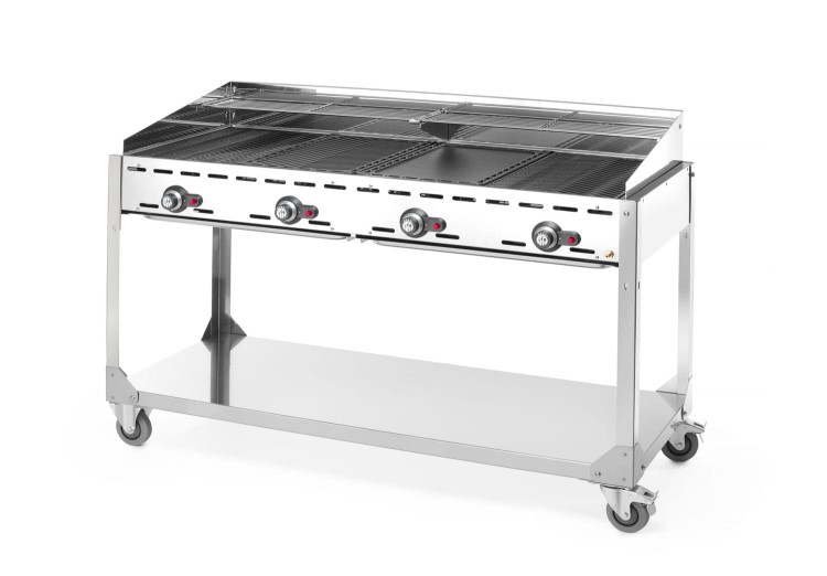 Grill Green Fire 4-palnikowy, HENDI, Profi Line, podstawa z półką na kółkach, jasnoszary, 22kW, 1400x612x(H)825mm