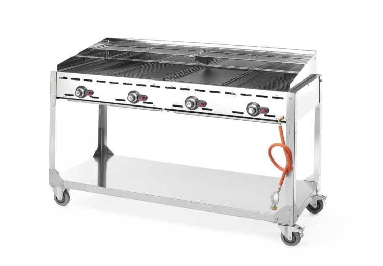 Grill Green Fire 4-palnikowy, HENDI, Profi Line, podstawa z półką na kółkach, jasnoszary, 22kW, 1400x612x(H)825mm