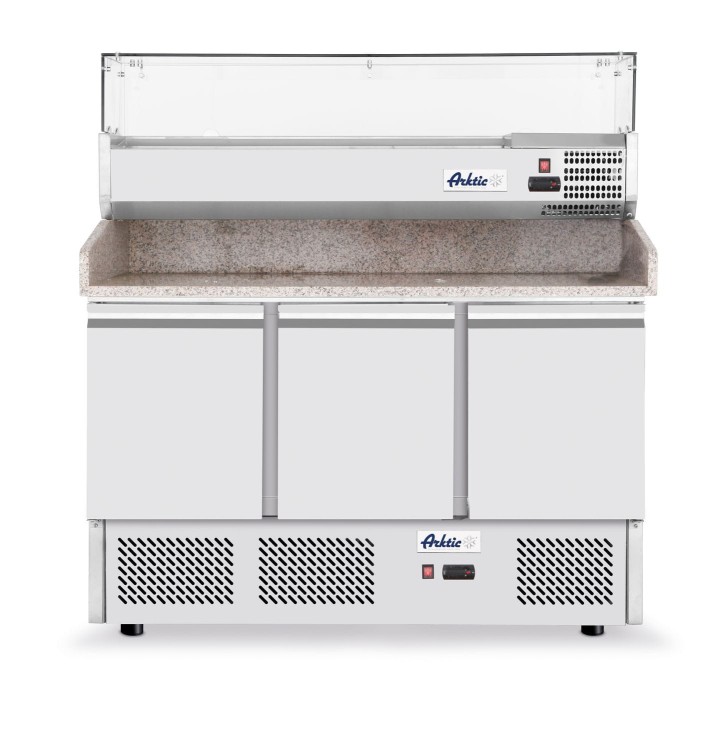 Stół chłodniczy do pizzy 3-drzwiowy z nadstawą i blatem granitowym, Arktic, 254L, 230V/400W, 1400x700x(H)1491mm
