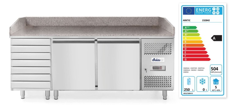 Stół chłodniczy do pizzy 2-drzwiowy z 7 szufladami i blatem granitowym, Arktic, 250L, 230V/250W, 2020x802x(H)1000mm