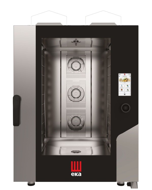 Piec konwekcyjno-parowy Millennial Touch Screen Bakery z automatycznym systemem myjącym, 10× 600×400 mm – sterowany elektronicznie, gazowy, Tecnoeka, 230V/700W, 18kW, 850x1035x(H)1230mm