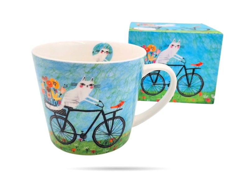 Kubek prosty 610 ml Koci świat rower porcelana na prezent DUO
