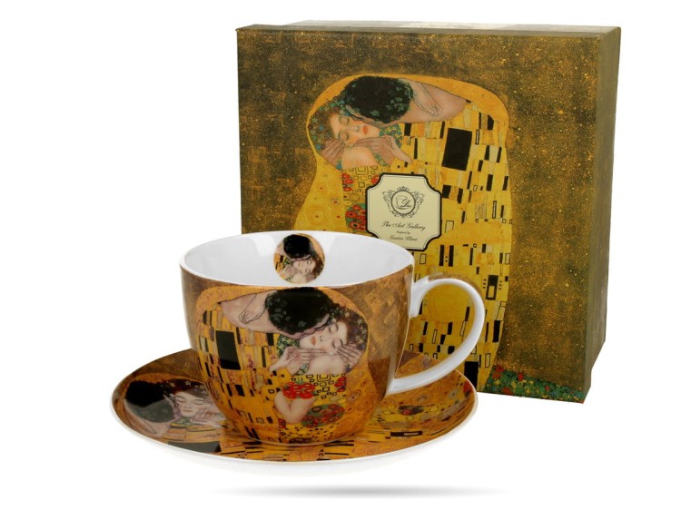 Filiżanka ze spodkiem Klimt Pocałunek 470 ml Jumbo porcelana na prezent DUO