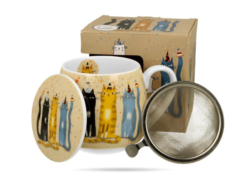 Kubek baryłka z zaparzaczem Koci świat party 430 ml porcelana na prezent DUO