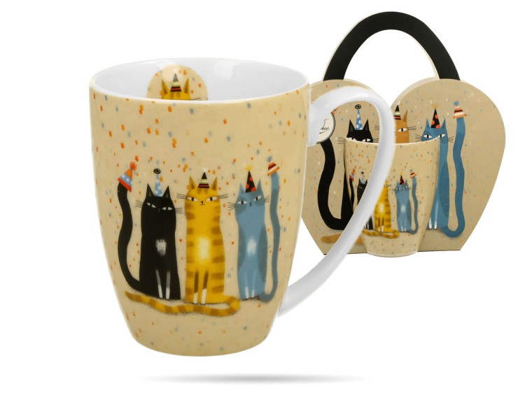 Kubek w koszyczku 360 ml Koci świat party porcelana na prezent DUO