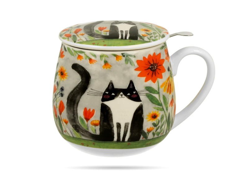 Kubek baryłka z zaparzaczem 430 ml Koci świat łąka porcelana na prezent DUO