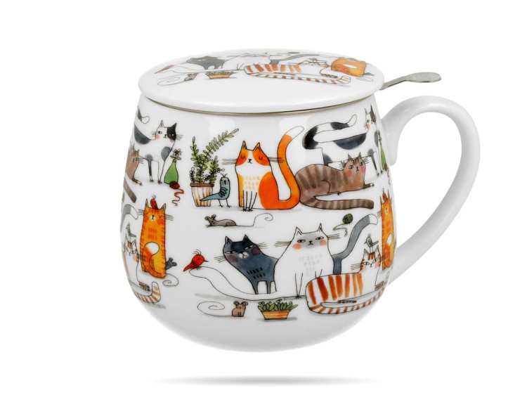 Kubek baryłka z zaparzaczem 430 ml Koci świat koty porcelana na prezent DUO
