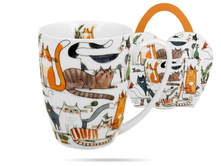 Kubek w koszyczku 360 ml Koci świat leniwe koty porcelana na prezent DUO