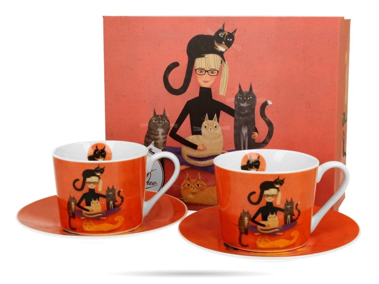 Filiżanki ze spodkami 2 szt Koci świat Cindy i koty 230 ml porcelana DUO