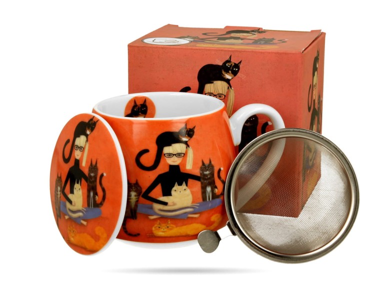 Kubek baryłka z zaparzaczem Koci świat Cindy i koty 430 ml porcelana DUO